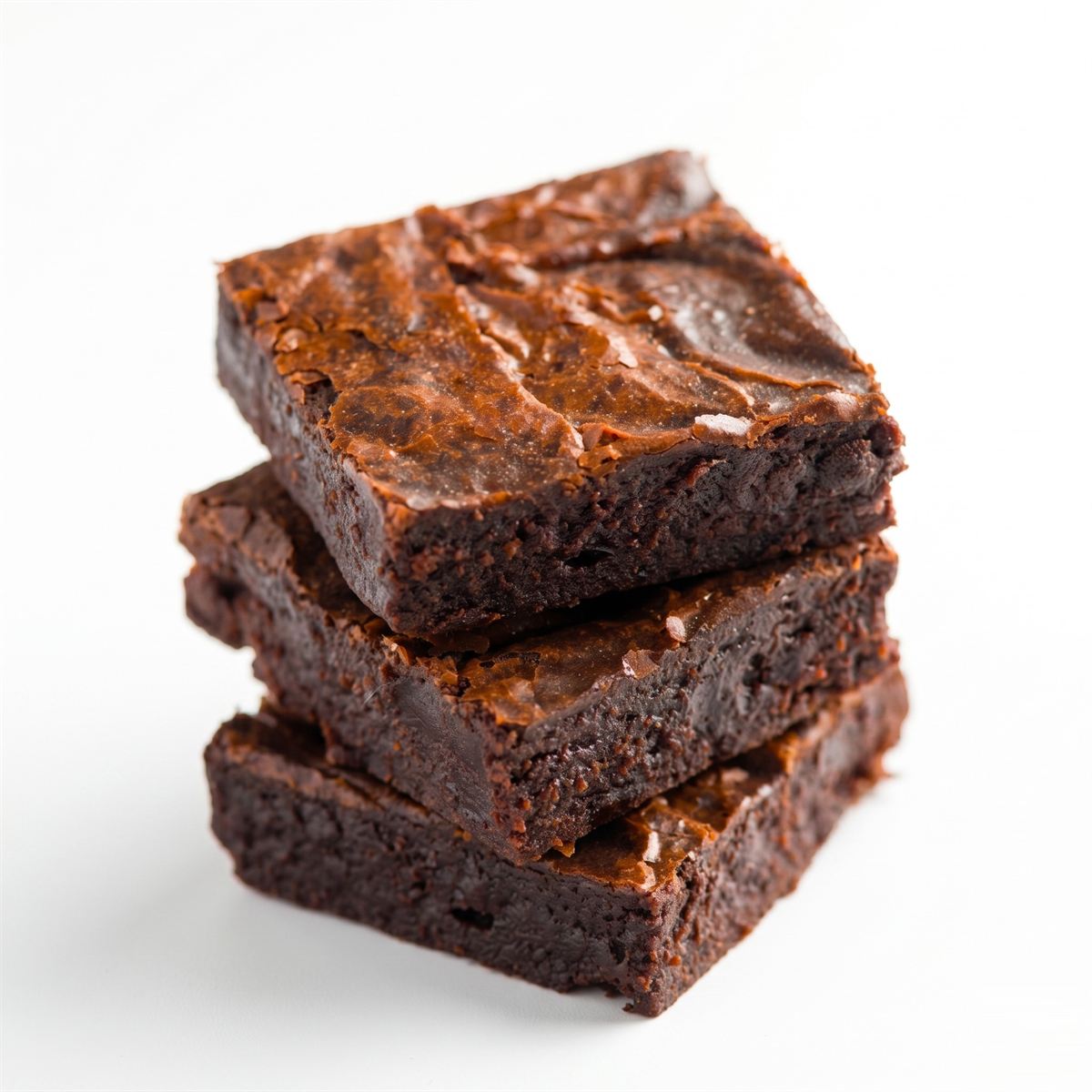 A stack of three thick, fudgy chocolate brownies with crackly tops.