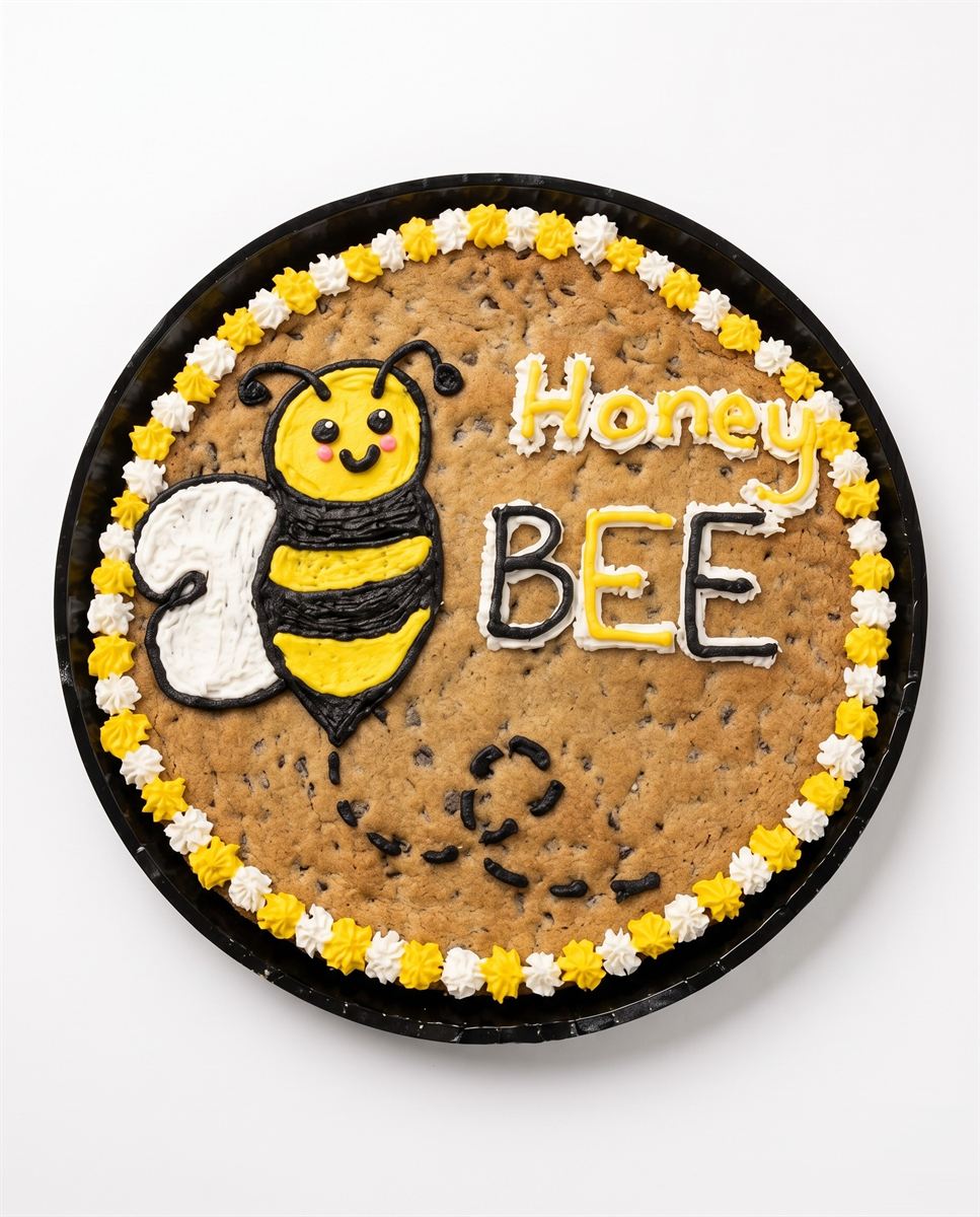 A cookie cake decorated with a smiling honey bee and Honey Bee lettering.