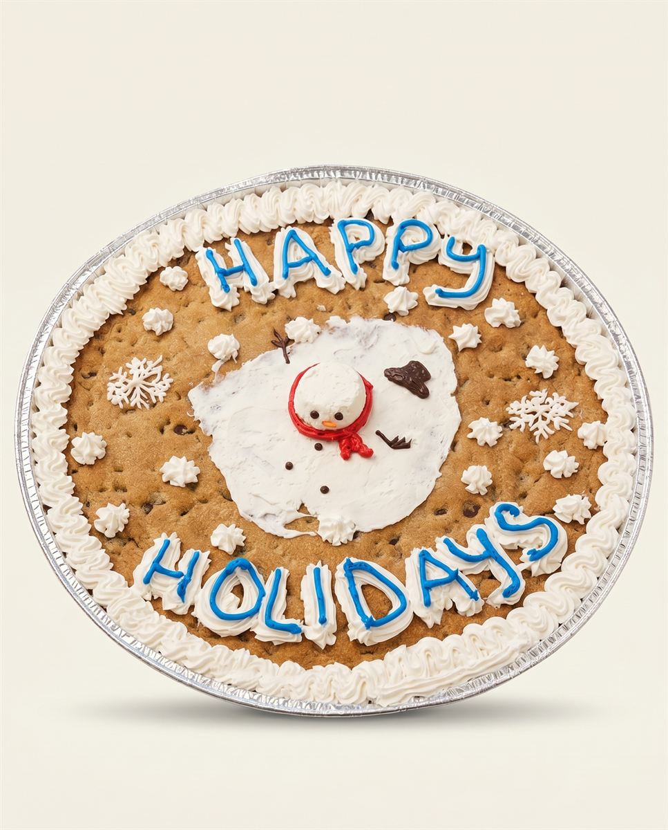 A holiday cookie cake with a snowman scene and Happy Holidays lettering.