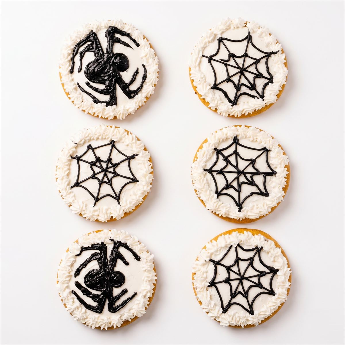 Six round cookies iced in white with black spiderweb and spider designs.