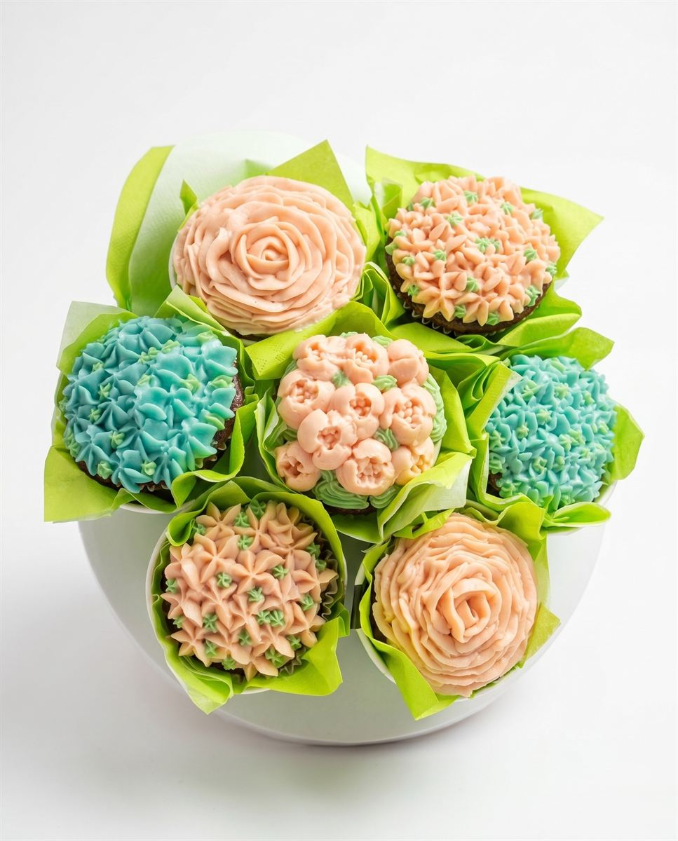 A bouquet of buttercream-flower cupcakes — peach roses and blue blossoms — wrapped in green tissue.
