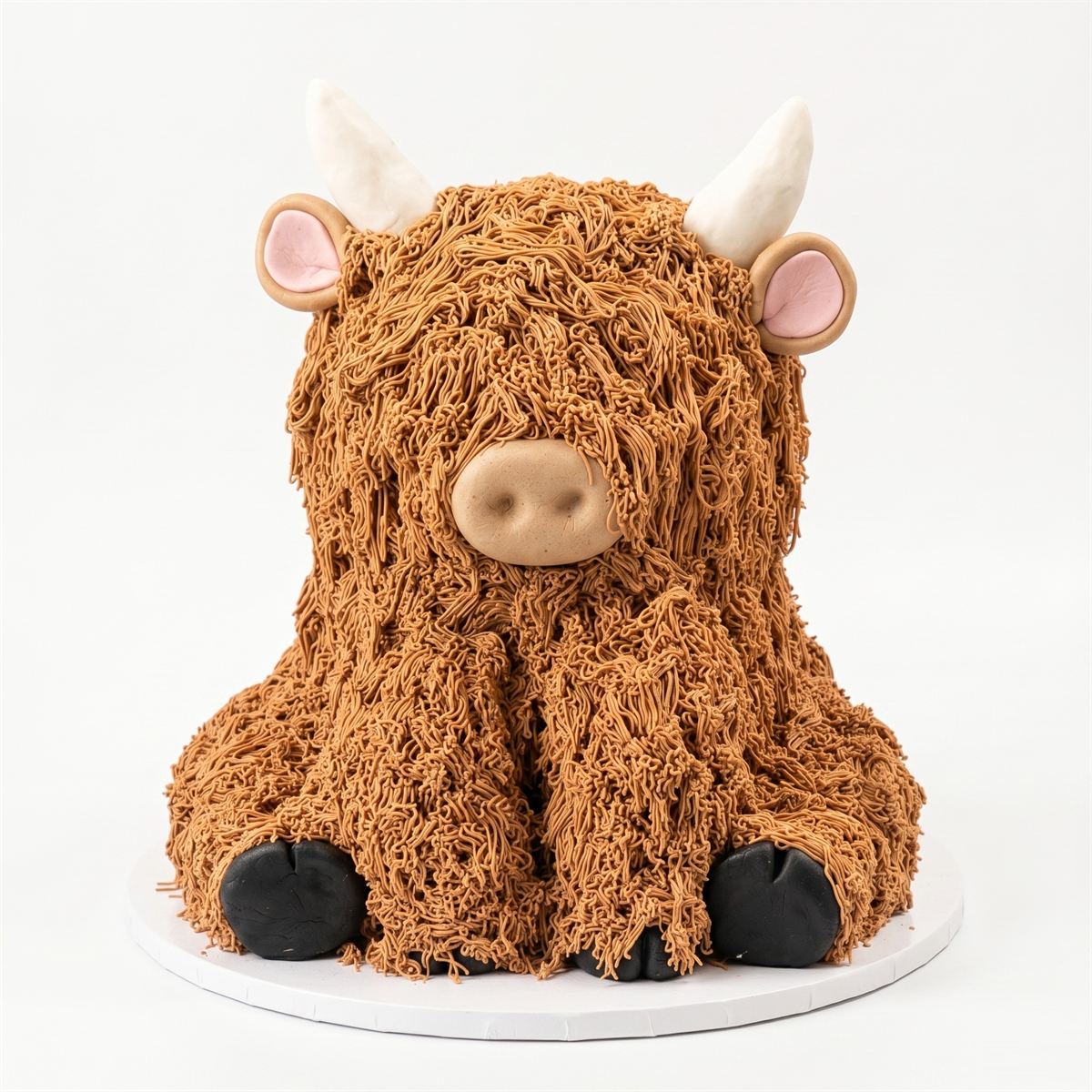 A sculpted Highland-cow cake covered in piped buttercream fur with fondant horns and ears.
